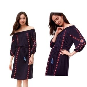 Ann Taylor LOFT Navy and Red Off-Shoulder Embroidered Midi Dress, Small